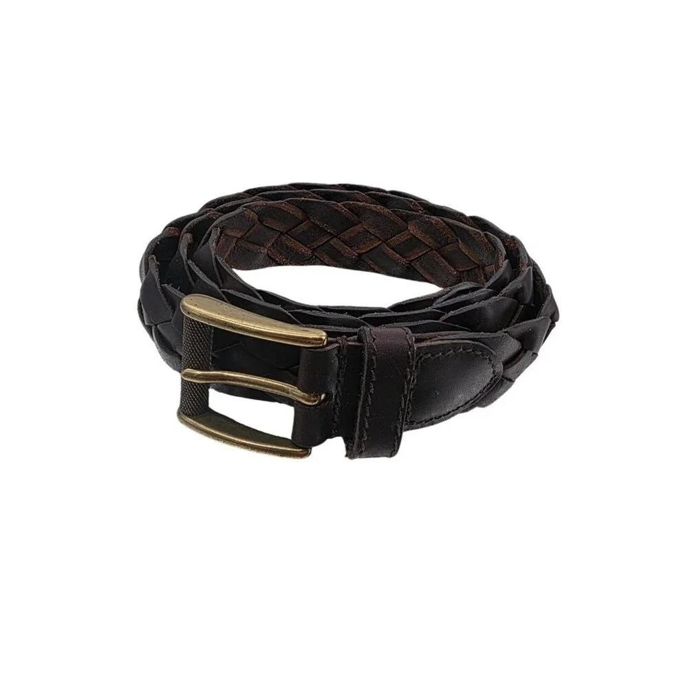 Brown Braided Leather Belt With Solid Brass Buckle LG (38-40) Full Grain Leather